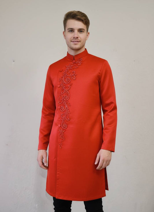 Ao dai Red Color Design With Crytal B160