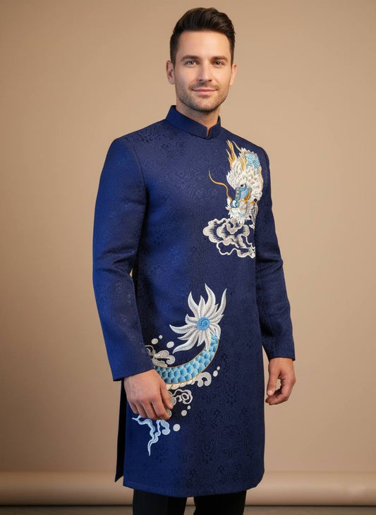 Ao dai for Men Navy Color With Dargon Design Embroiled/ W164
