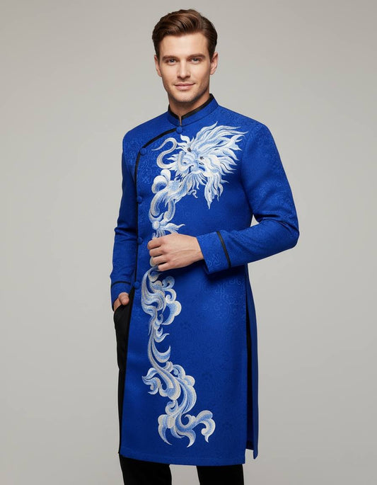 Ao Dai For Men Printed Dragon Blue Ao Dai B154