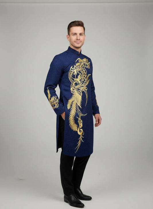 Ao dai for Men Navy Blue Color With Gold Design Embroiled/TT224