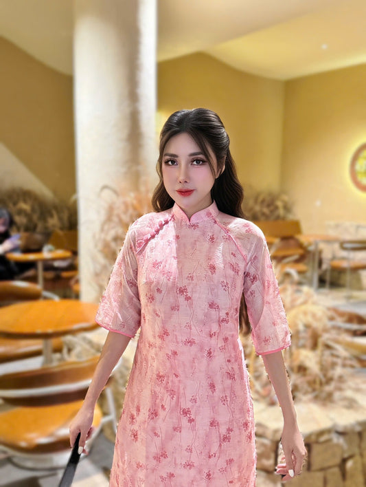 Pink Ao Dai Set: Modern Vietnamese Dress with Pants/ CT252