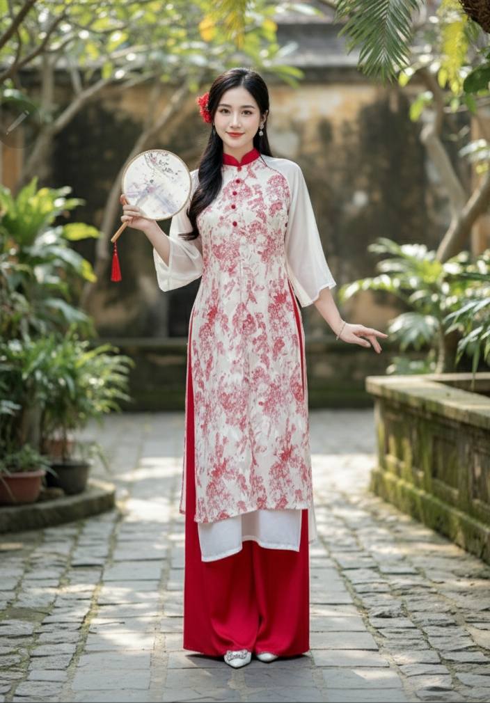 Pink Ao Dai Cach Tan Set: Modern Vietnamese Dress with Red Pants/ CT290