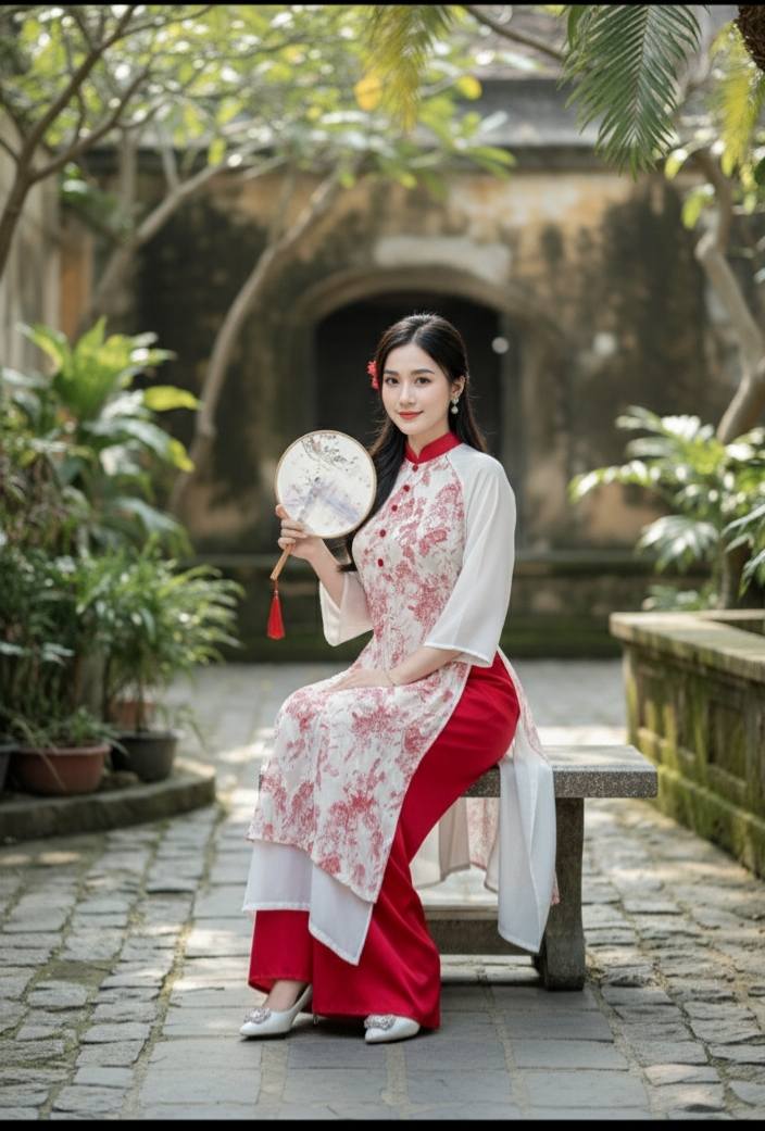 Pink Ao Dai Cach Tan Set: Modern Vietnamese Dress with Red Pants/ CT290