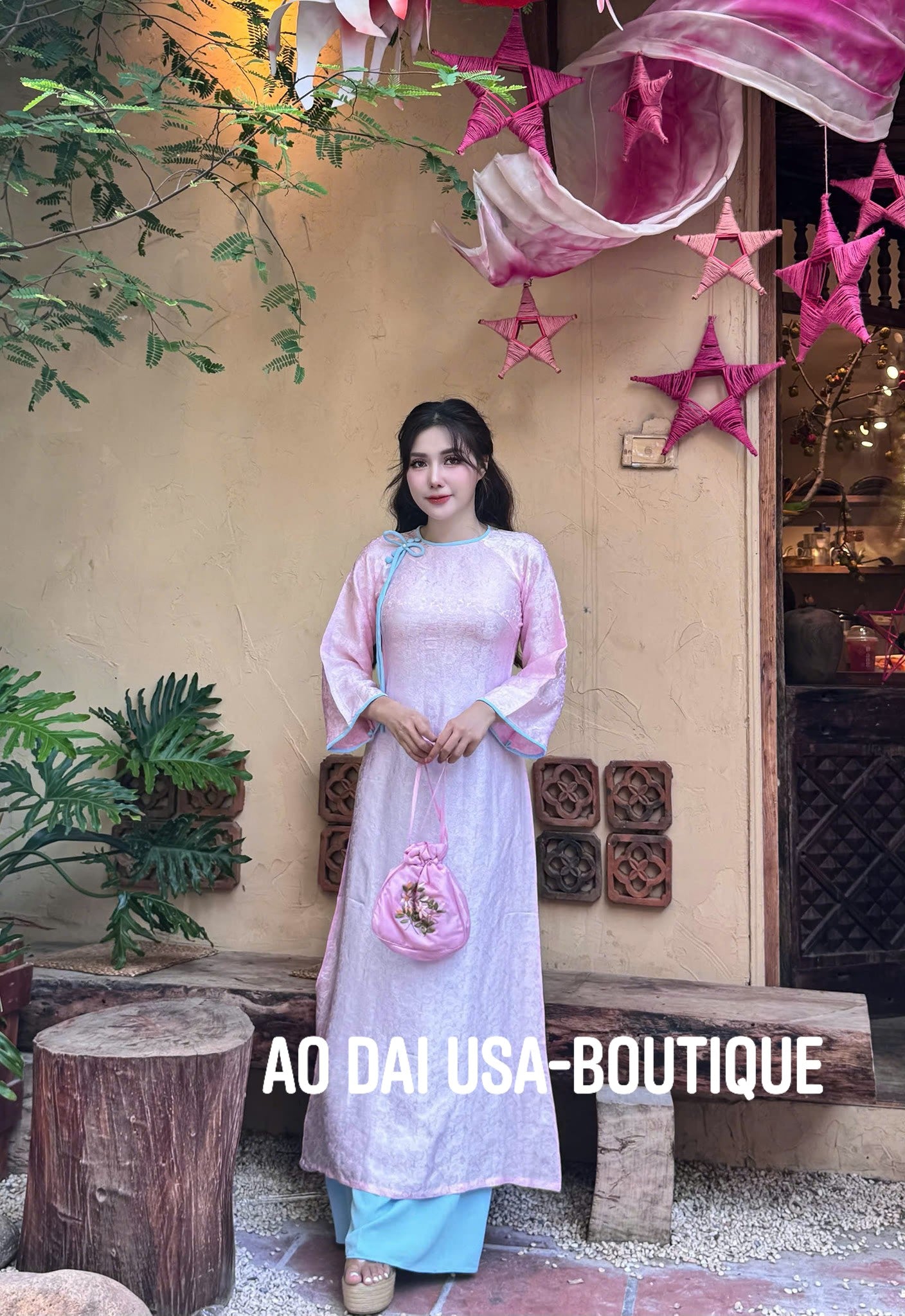 Pink Pastel Ao Dai Set Lua Tơ tằm Ha Dong  / TT100