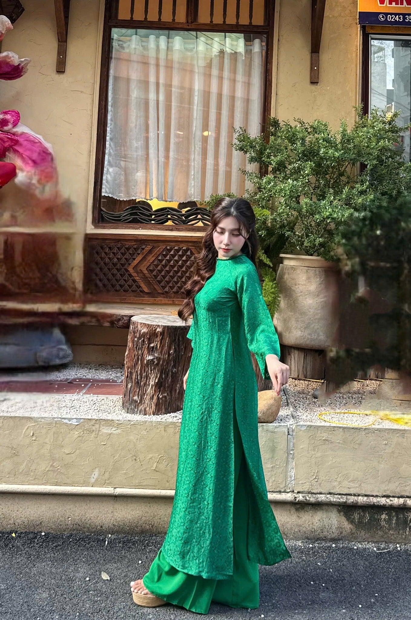 Green 100% Mulberry Silk Ao Dai Dress Set,  Ao Dai For Women, TT79