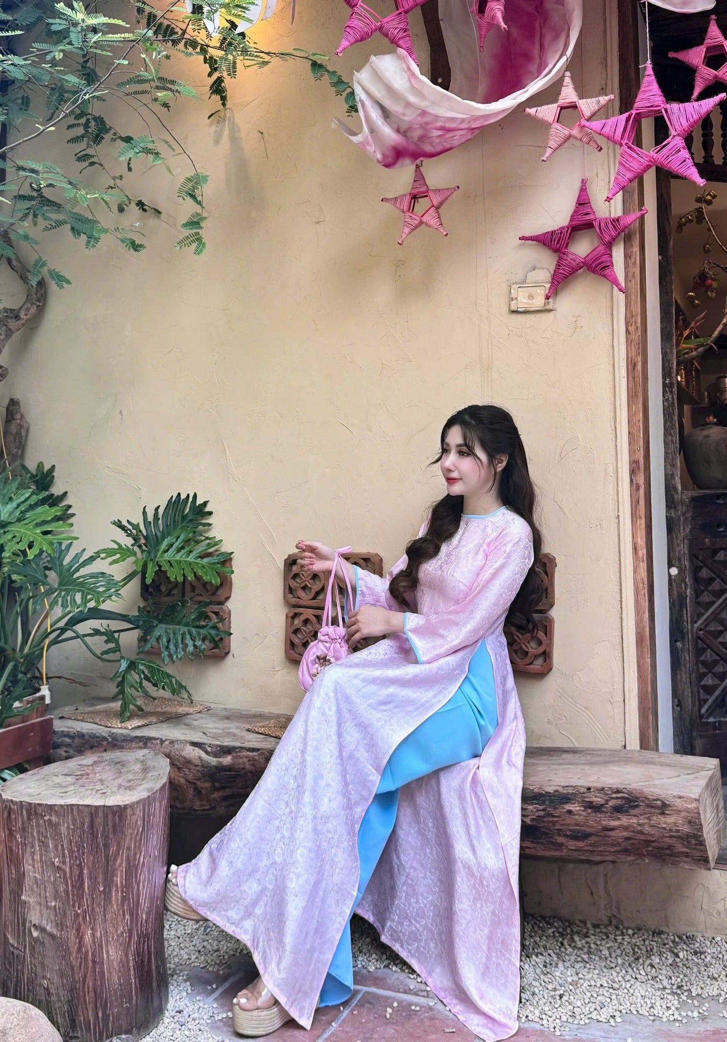 Pink Pastel Ao Dai Set Lua Tơ tằm Ha Dong  / TT100