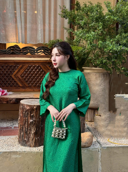 Green 100% Mulberry Silk Ao Dai Dress Set,  Ao Dai For Women, TT79
