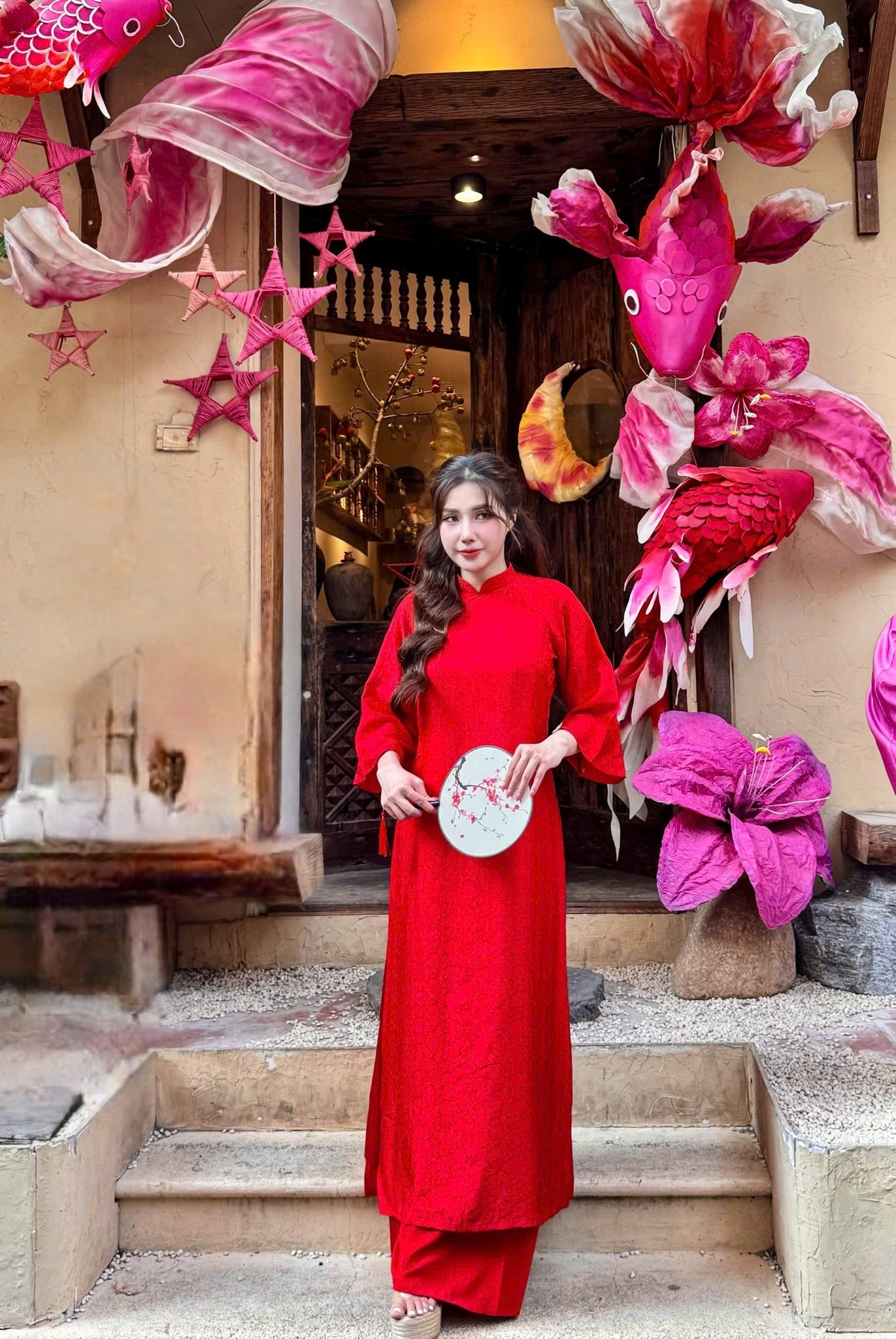 Red 100% Mulberry Silk Ao Dai Dress, Luna New Year 2026 TT14