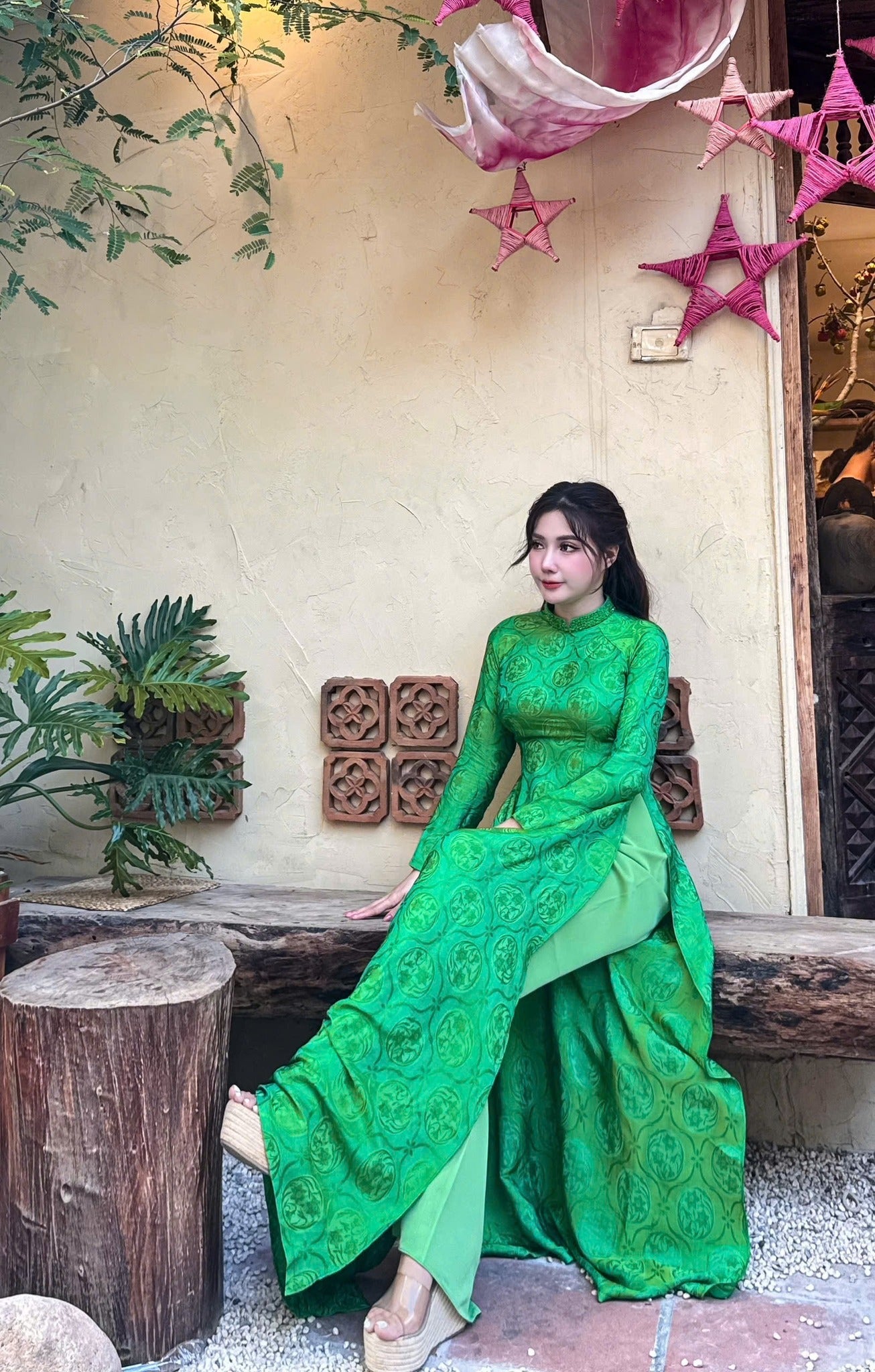 Green 100% Mulberry Silk Ao Dai Dress Set For Women, TT20