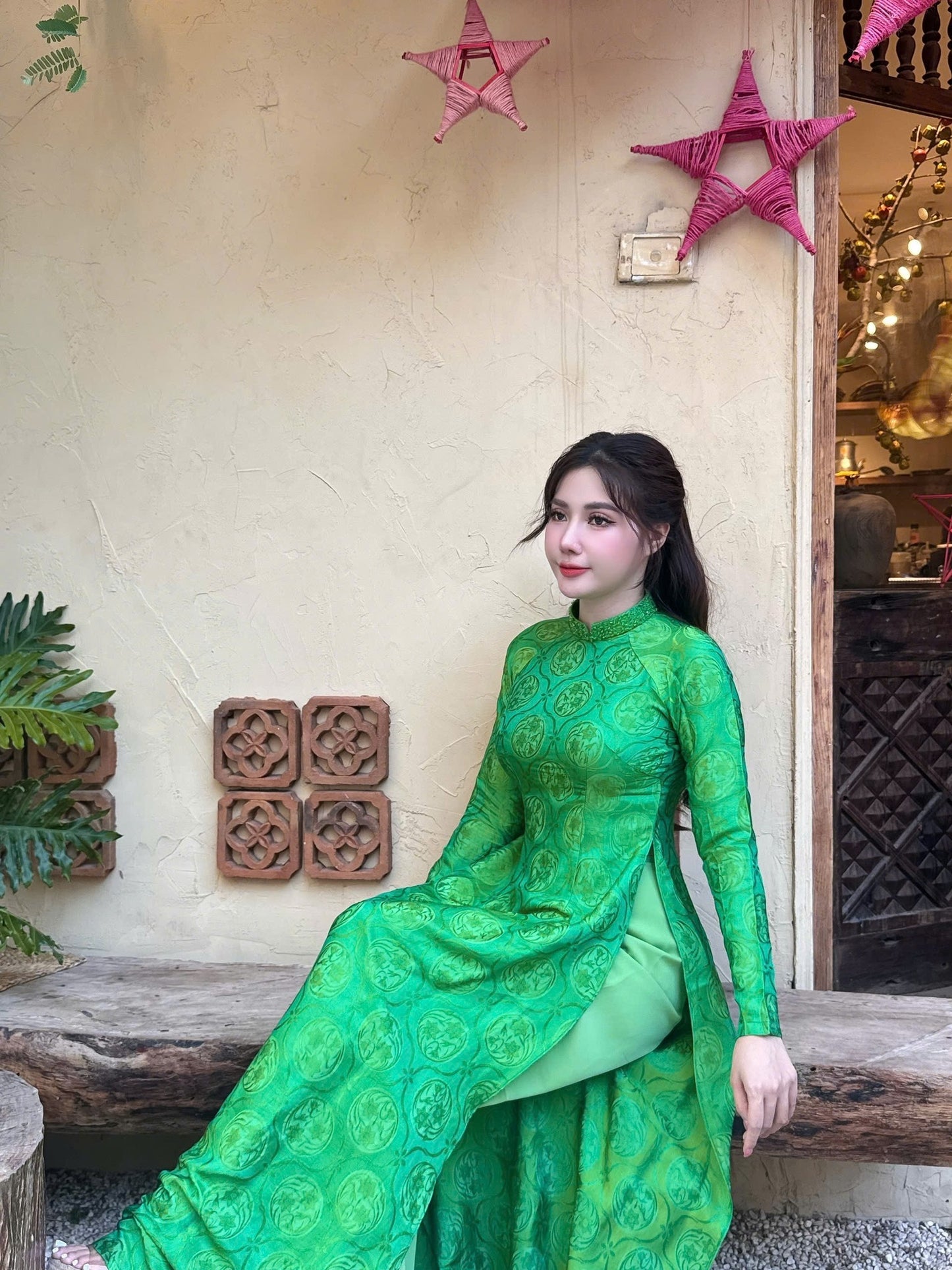 Green 100% Mulberry Silk Ao Dai Dress Set For Women, TT20