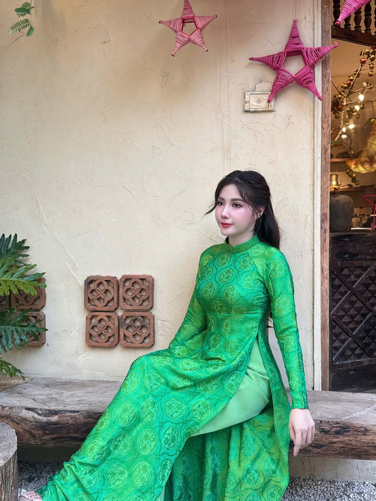 Green 100% Mulberry Silk Ao Dai Dress Set For Women, TT20