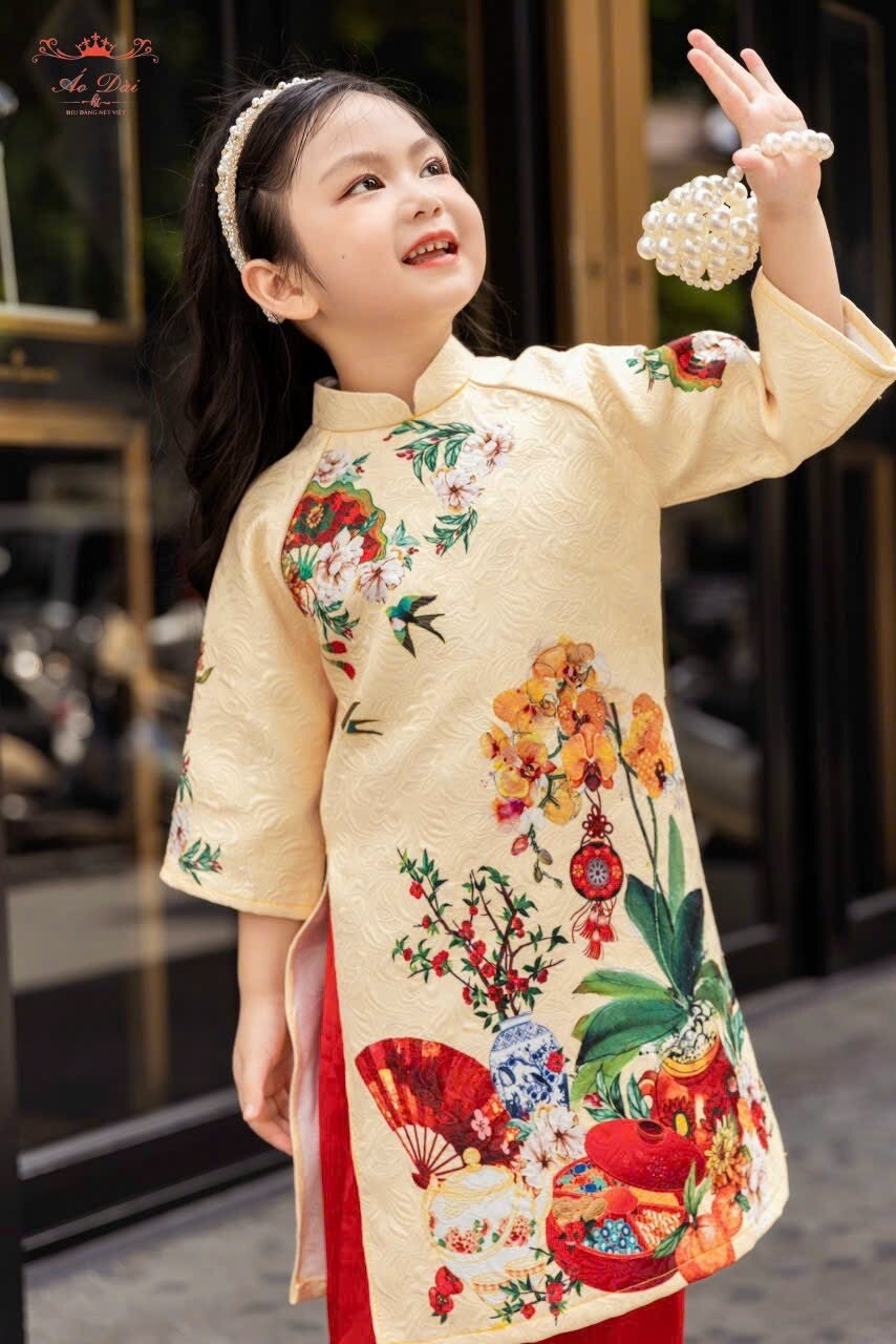 Set Ao Dai Gia đình Matching Gấm nổi In Ao Dai Set