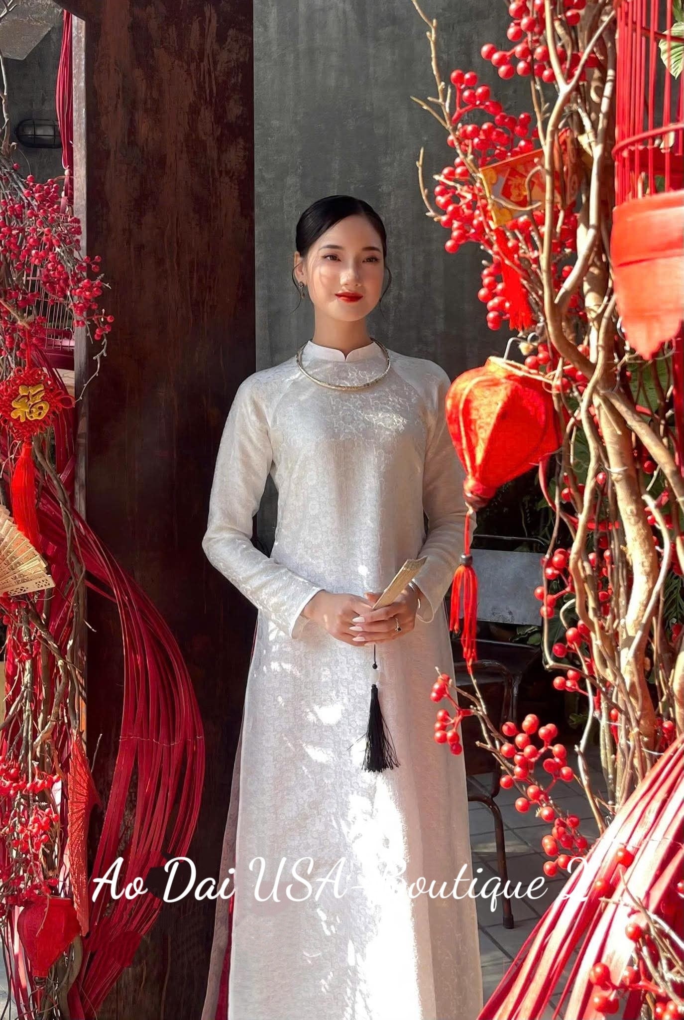 White Color Mulberry Silk Ao Dai Dress Loose Style, Asian cultural dress TT211