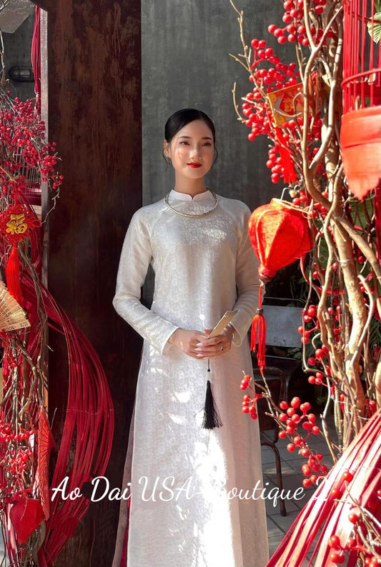 White Color Mulberry Silk Ao Dai Dress Loose Style, Asian cultural dress TT211