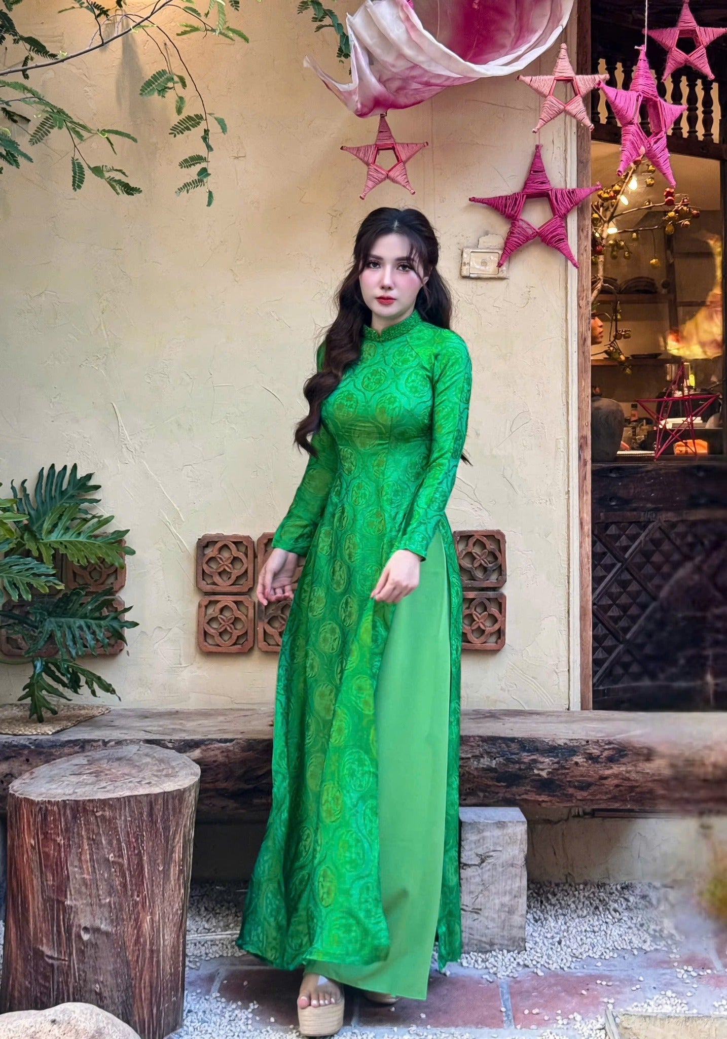 Green 100% Mulberry Silk Ao Dai Dress Set For Women, TT20