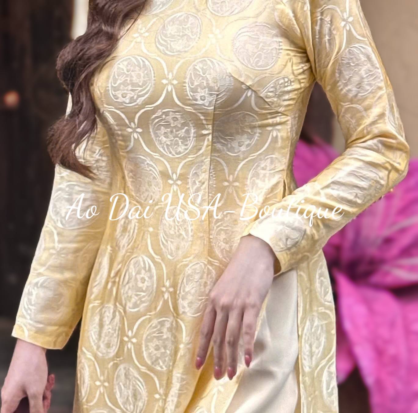 Cream Gold Brocade 100% Mulberry Silk Ao Dai Dress Set, Lunar New Year TT13