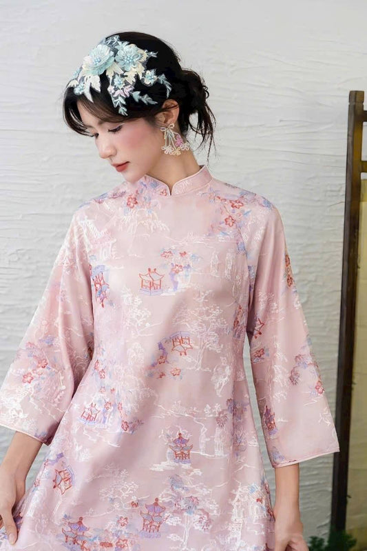 Pink Ao Dai Set, Modern Vietnamese Dress with Design,Luna New Year 2026 CT233