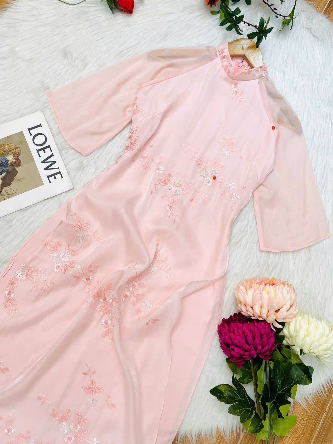Matching Mom & Daughter Pink Ao Dai Set/ Ao Dai To Theu/ Floral Embroidery, Lunar New Year B102