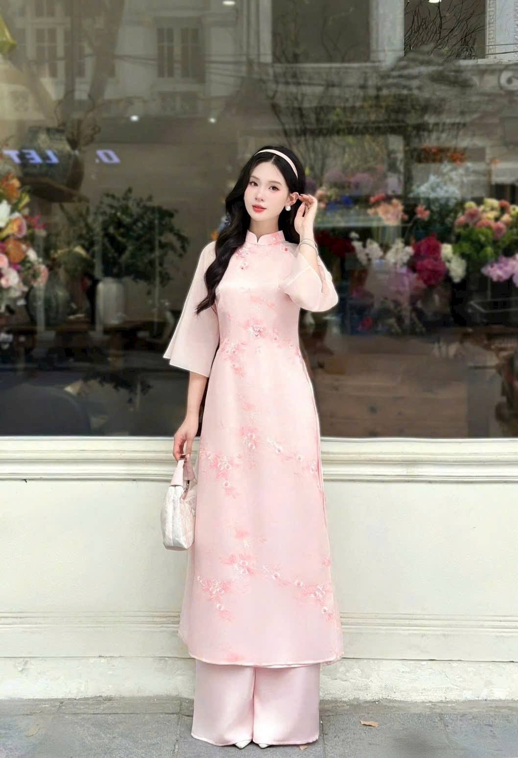 Matching Mom & Daughter Pink Ao Dai Set/ Ao Dai To Theu/ Floral Embroidery, Lunar New Year B102