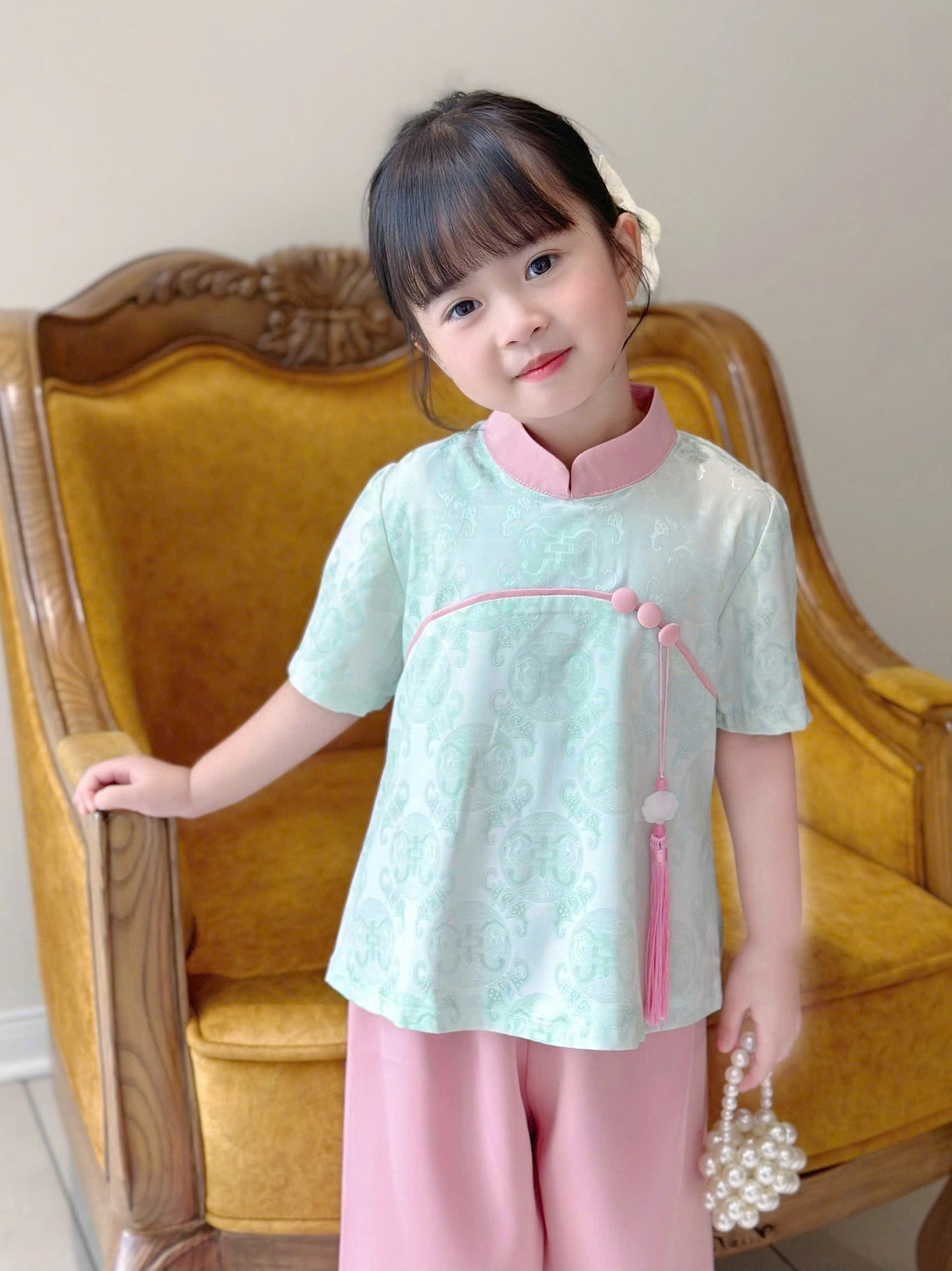 Girls Floral Ao Ba Ba Cach Tan, Vietnamese Lunar New Year Outfit G342 GREEN