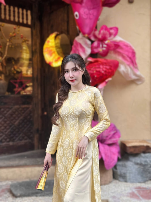 Cream Gold Brocade 100% Mulberry Silk Ao Dai Dress Set, Lunar New Year TT13