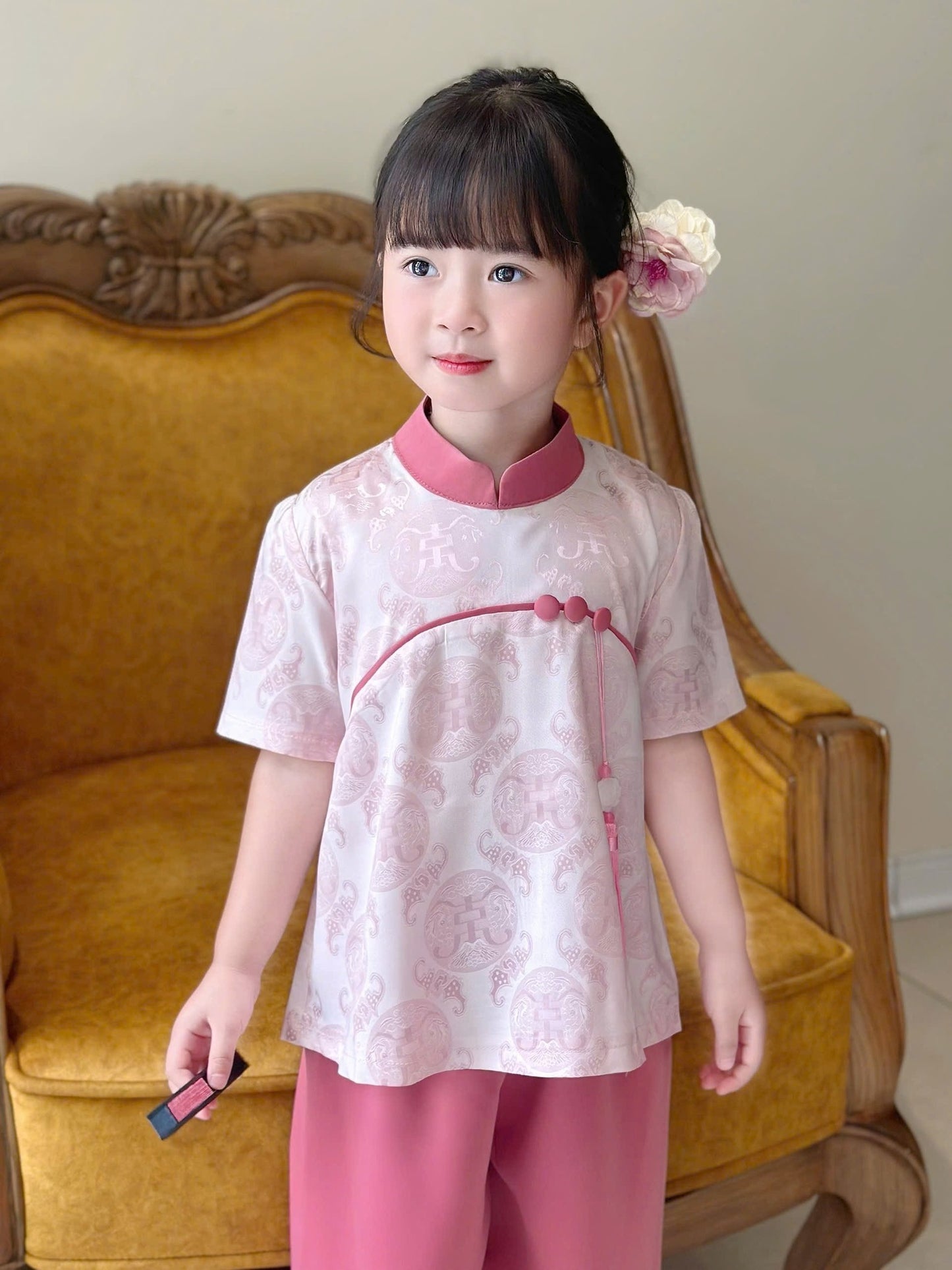 Girls Floral Ao Ba Ba Cach Tan/ Vietnamese Lunar New Year Outfit G342/ PINK