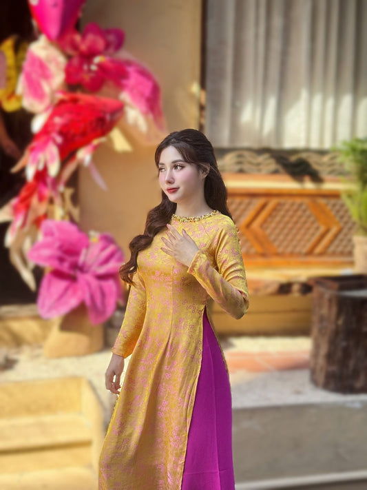 Set Ao Dai Lua Tơ Tam Van Nam Yellow Color/ Vietnamese Traditional Long Dress For Women with Purple Pants TT75