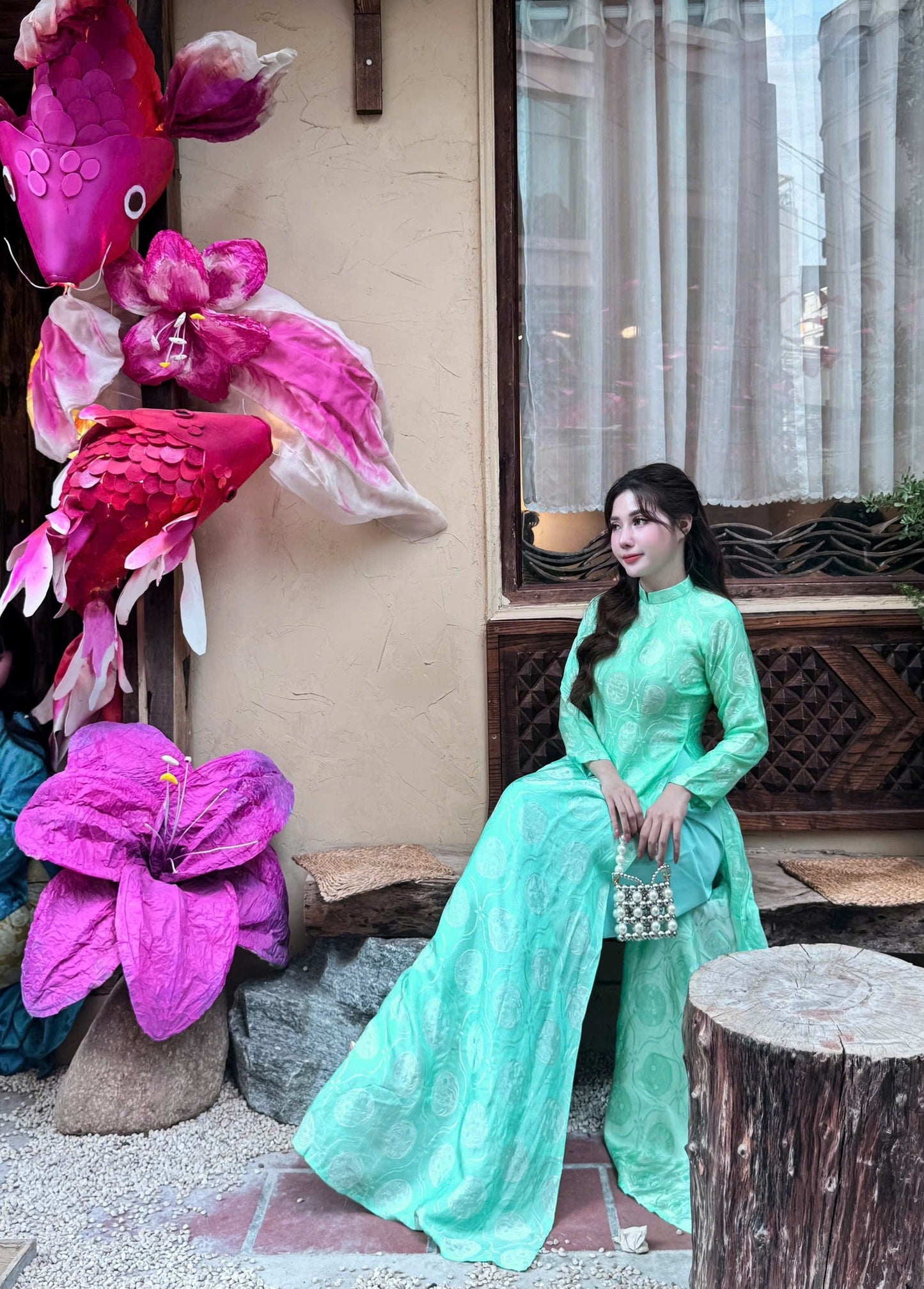 Jade Green Mulberry Silk Ao Dai Dress Set, Vietnamese Traditional Dress TT58