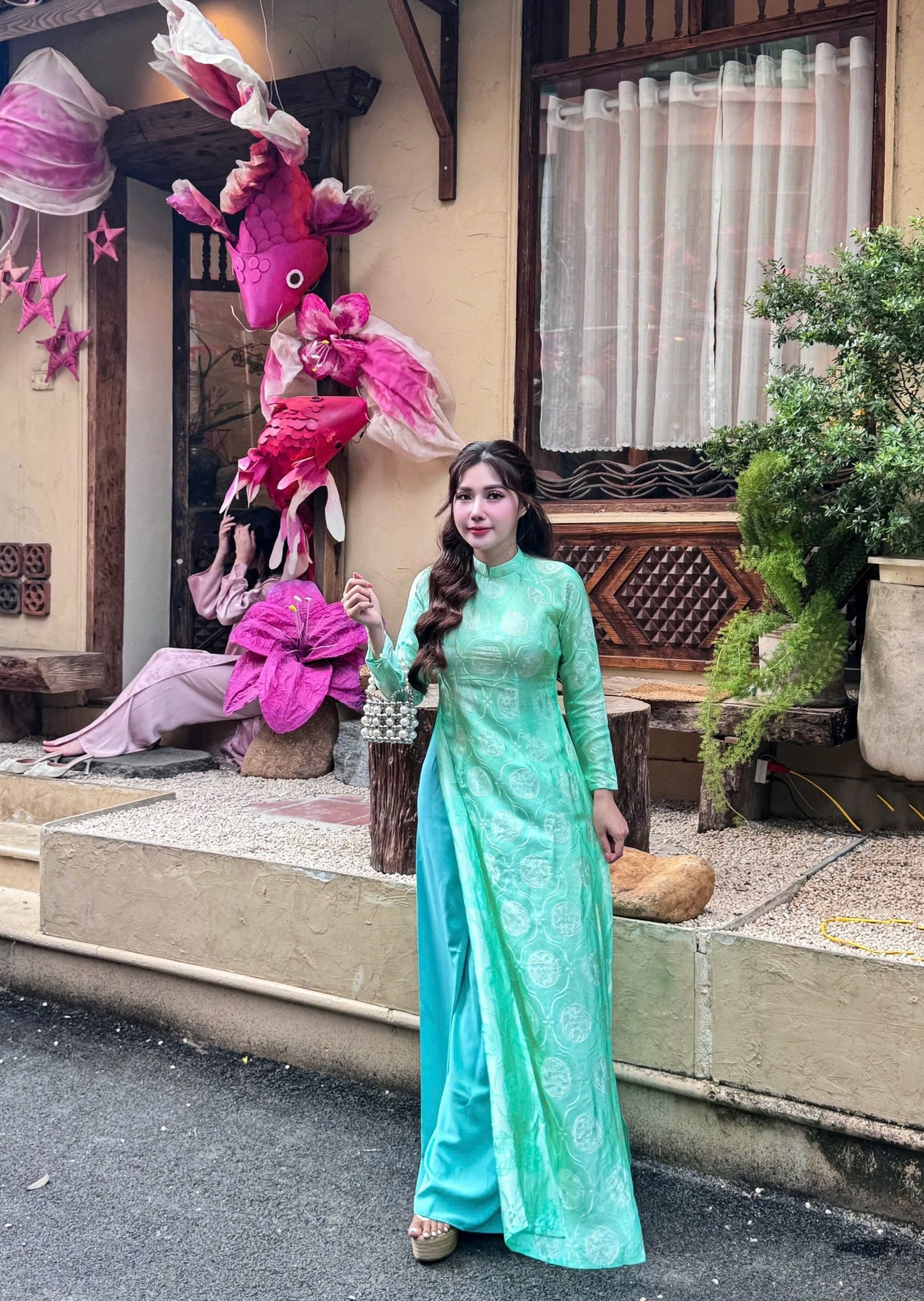 Jade Green Mulberry Silk Ao Dai Dress Set, Vietnamese Traditional Dress TT58