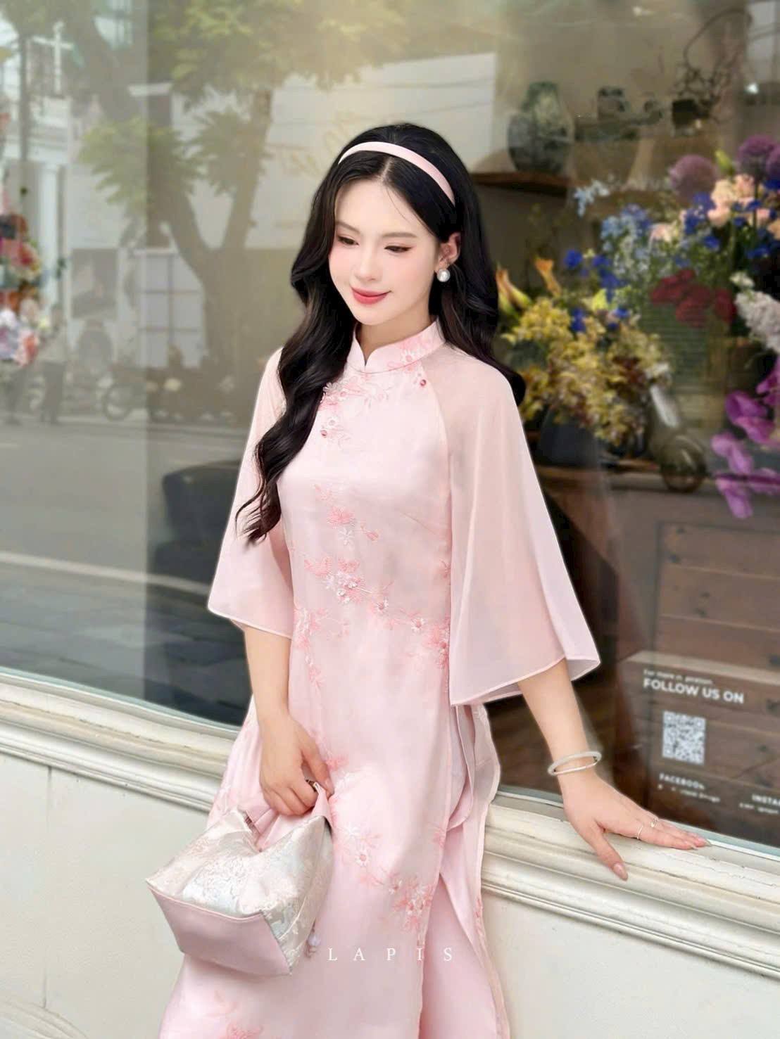 Matching Mom & Daughter Pink Ao Dai Set/ Ao Dai To Theu/ Floral Embroidery, Lunar New Year B102