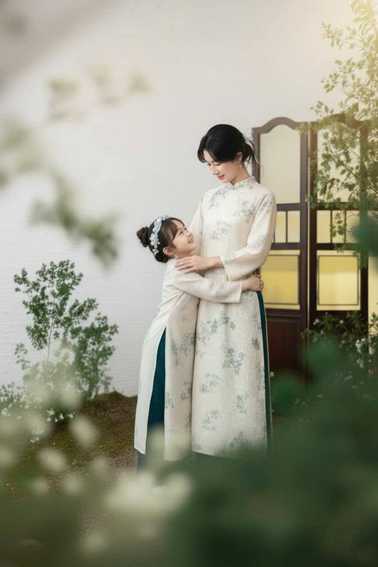 Matching Mom & Daughter Blue Ao Dai Set /Ao Dai for Girls/Floral Embroidery/ Lunar New Year 2026/ B106