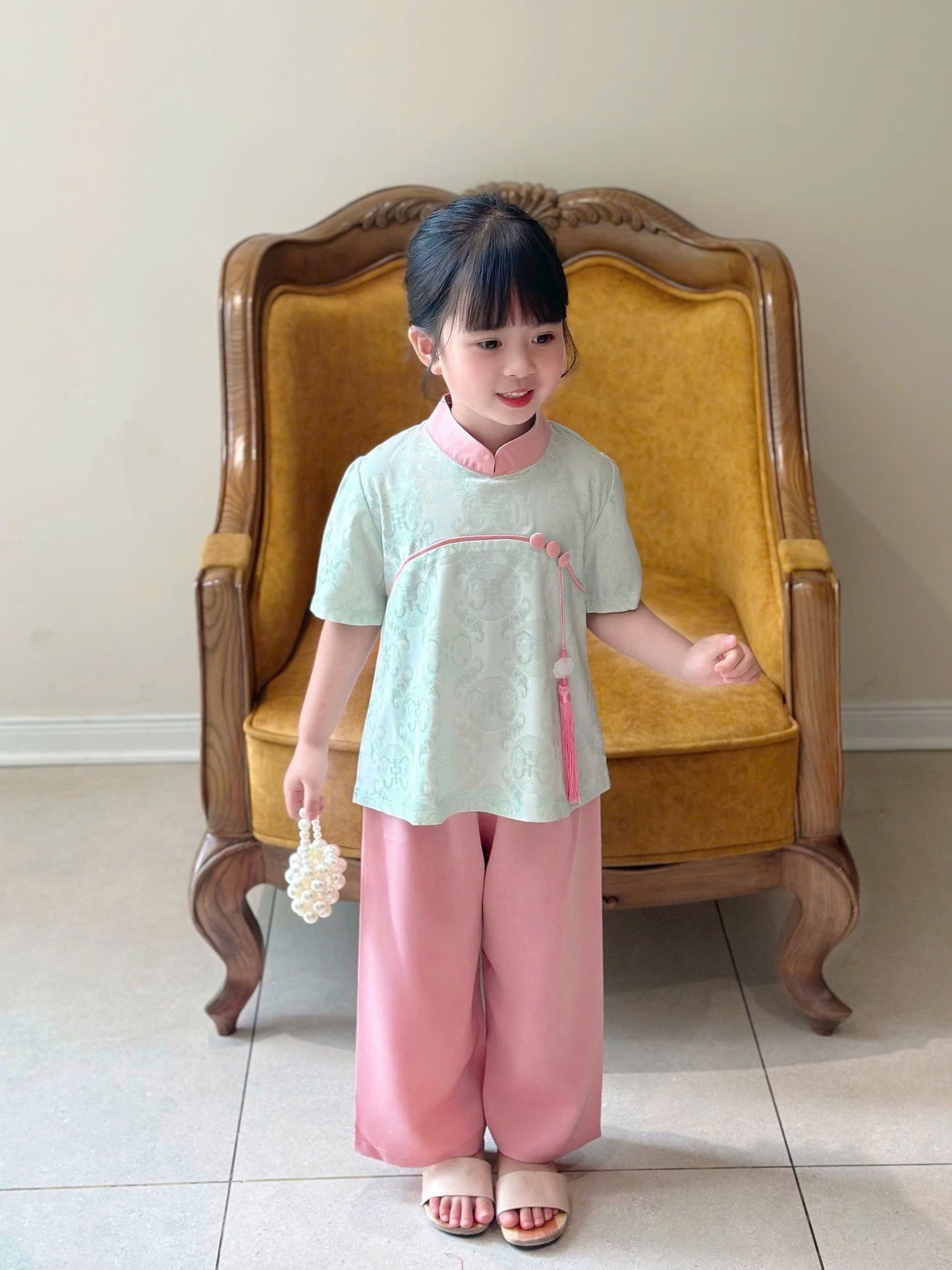 Girls Floral Ao Ba Ba Cach Tan, Vietnamese Lunar New Year Outfit G342 GREEN