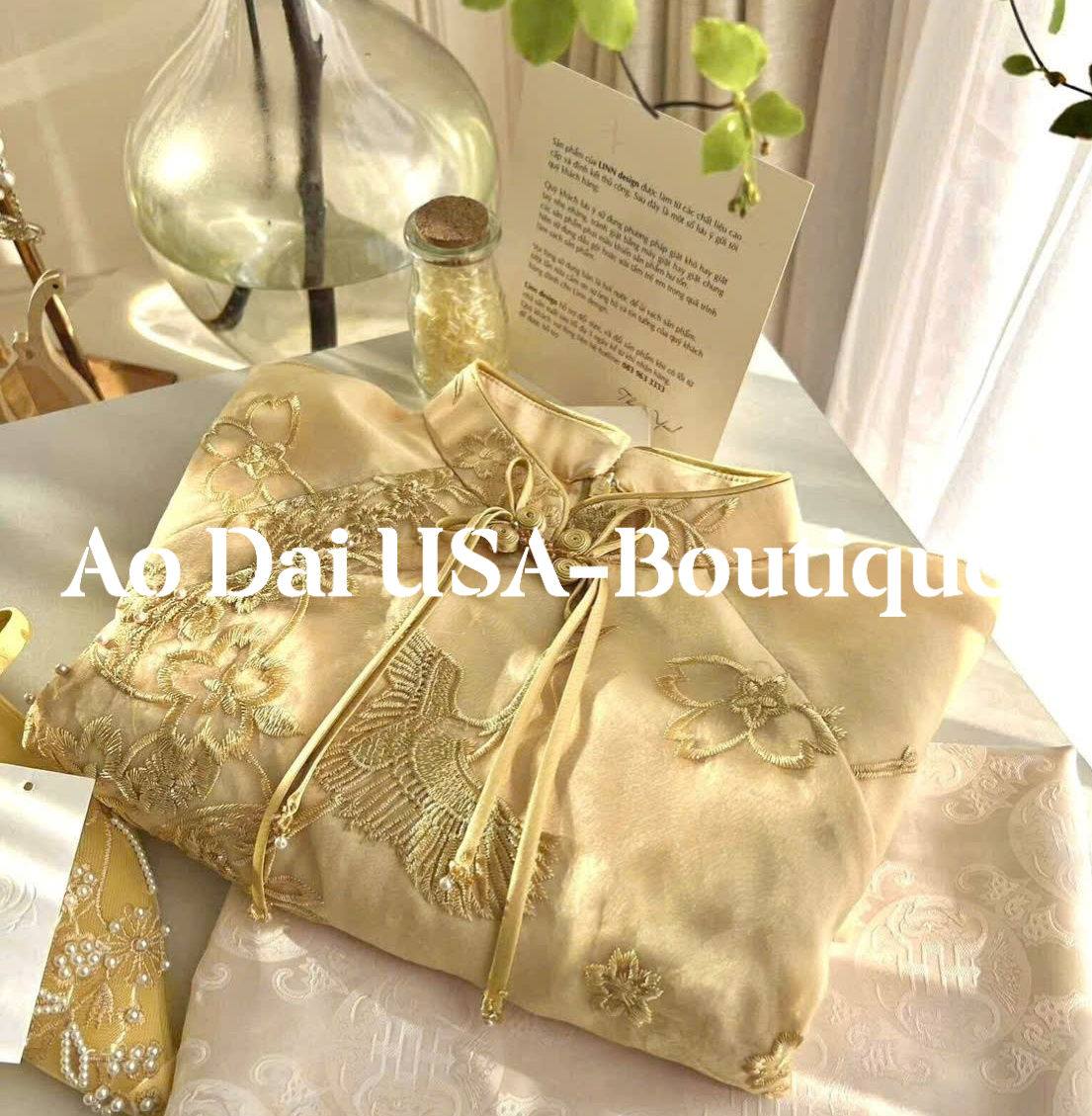 Pre-made Ao Dai Elegant Golden Modern– Soft Sheer Silk Floral Weave with Flowing Organza CT291