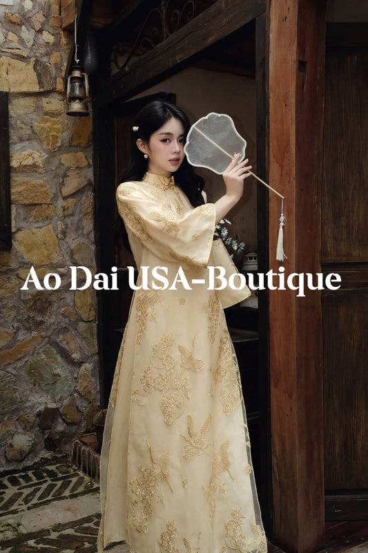 Pre-made Ao Dai Elegant Golden Modern– Soft Sheer Silk Floral Weave with Flowing Organza CT291