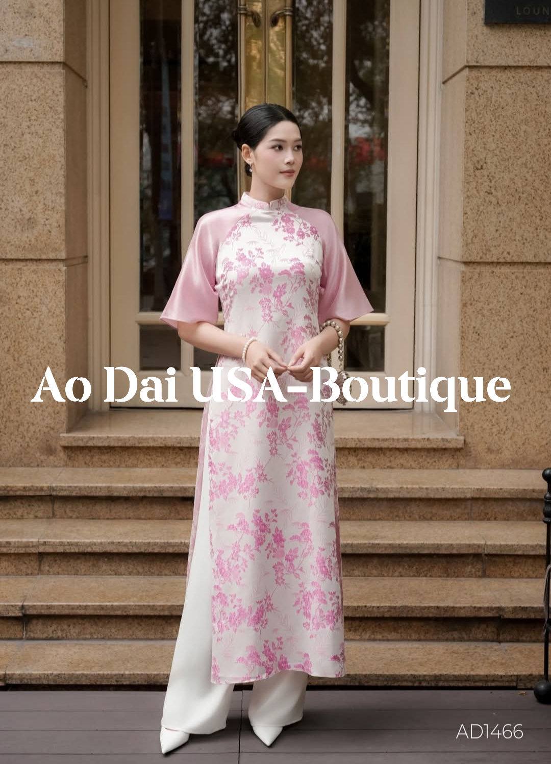 Pink Ao Dai Cach Tan Set: Modern Vietnamese Dress, White Pants Included/ CT282