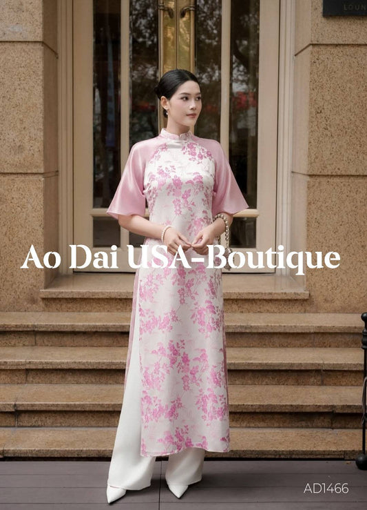 Pink Ao Dai Cach Tan Set: Modern Vietnamese Dress, White Pants Included/ CT282