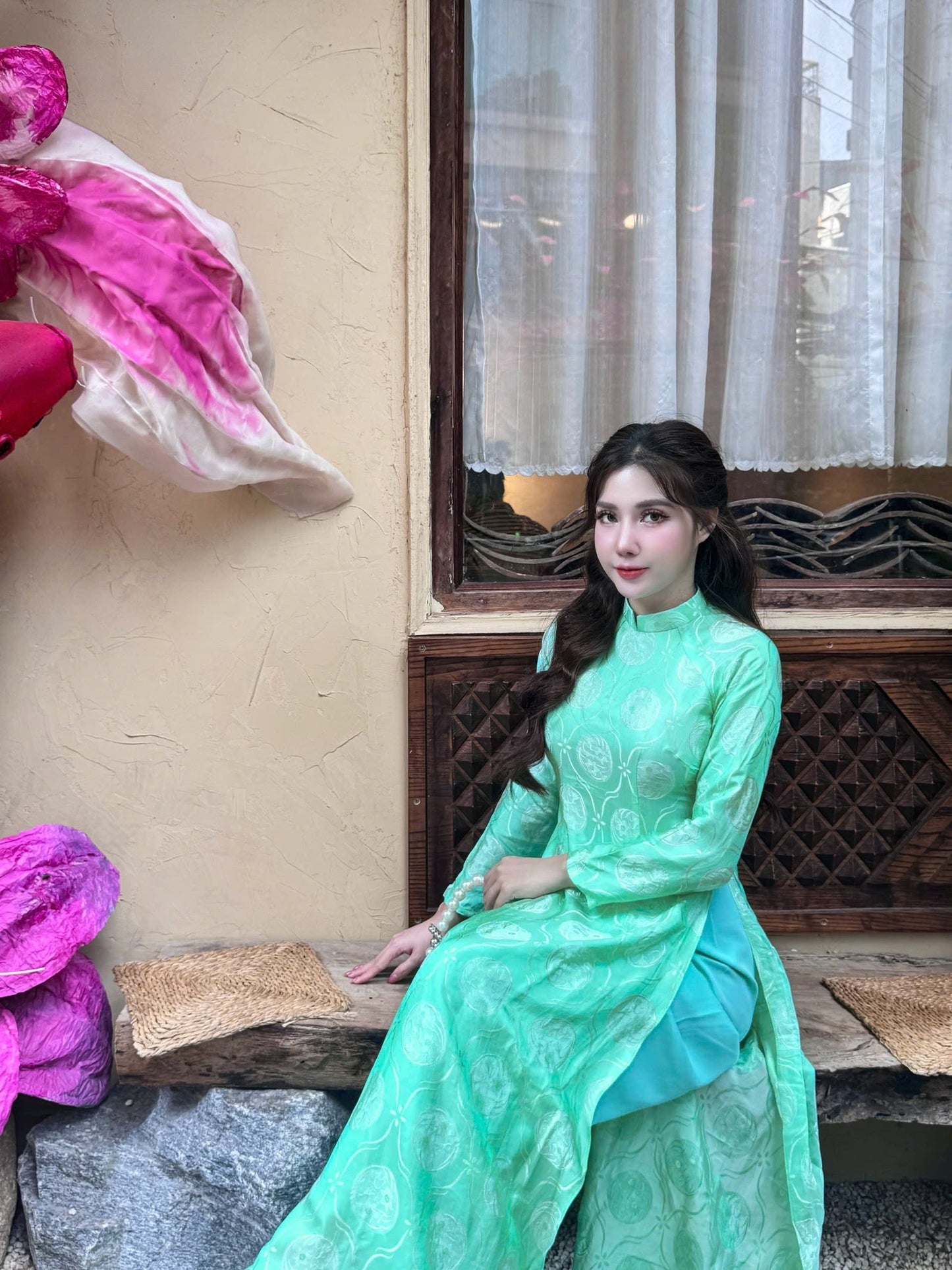 Jade Green Mulberry Silk Ao Dai Dress Set, Vietnamese Traditional Dress TT58