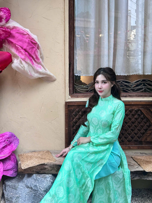 Jade Green Mulberry Silk Ao Dai Dress Set, Vietnamese Traditional Dress TT58