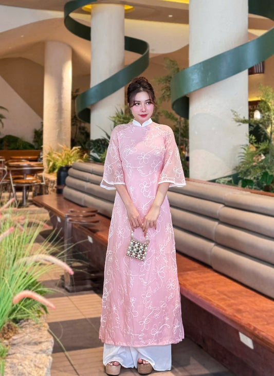 MISA Double layers modern ao dai with embroidery flowers/ Ao dài cách tân/Set Ao dai women with White Pants /CT284