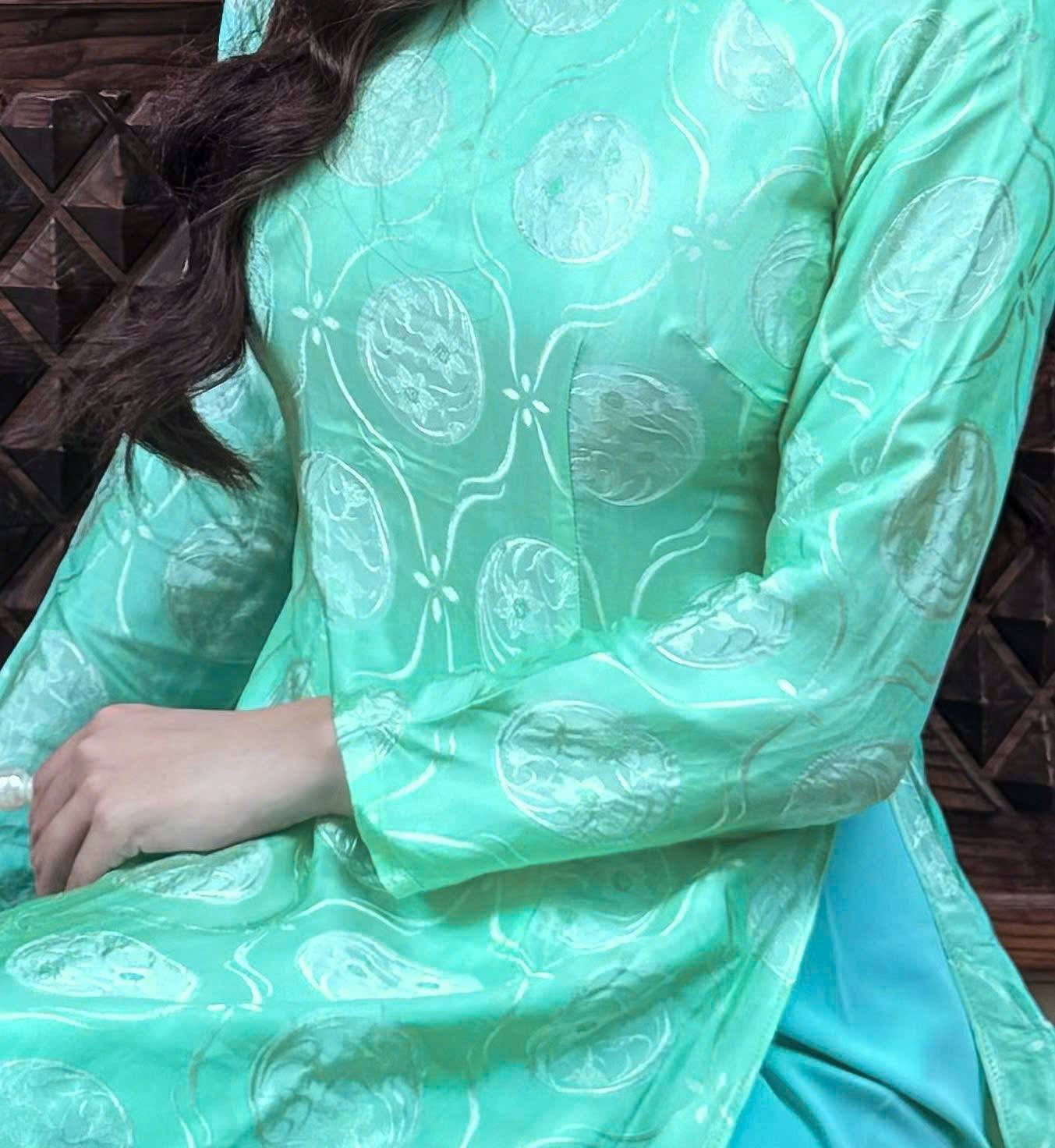 Jade Green Mulberry Silk Ao Dai Dress Set, Vietnamese Traditional Dress TT58