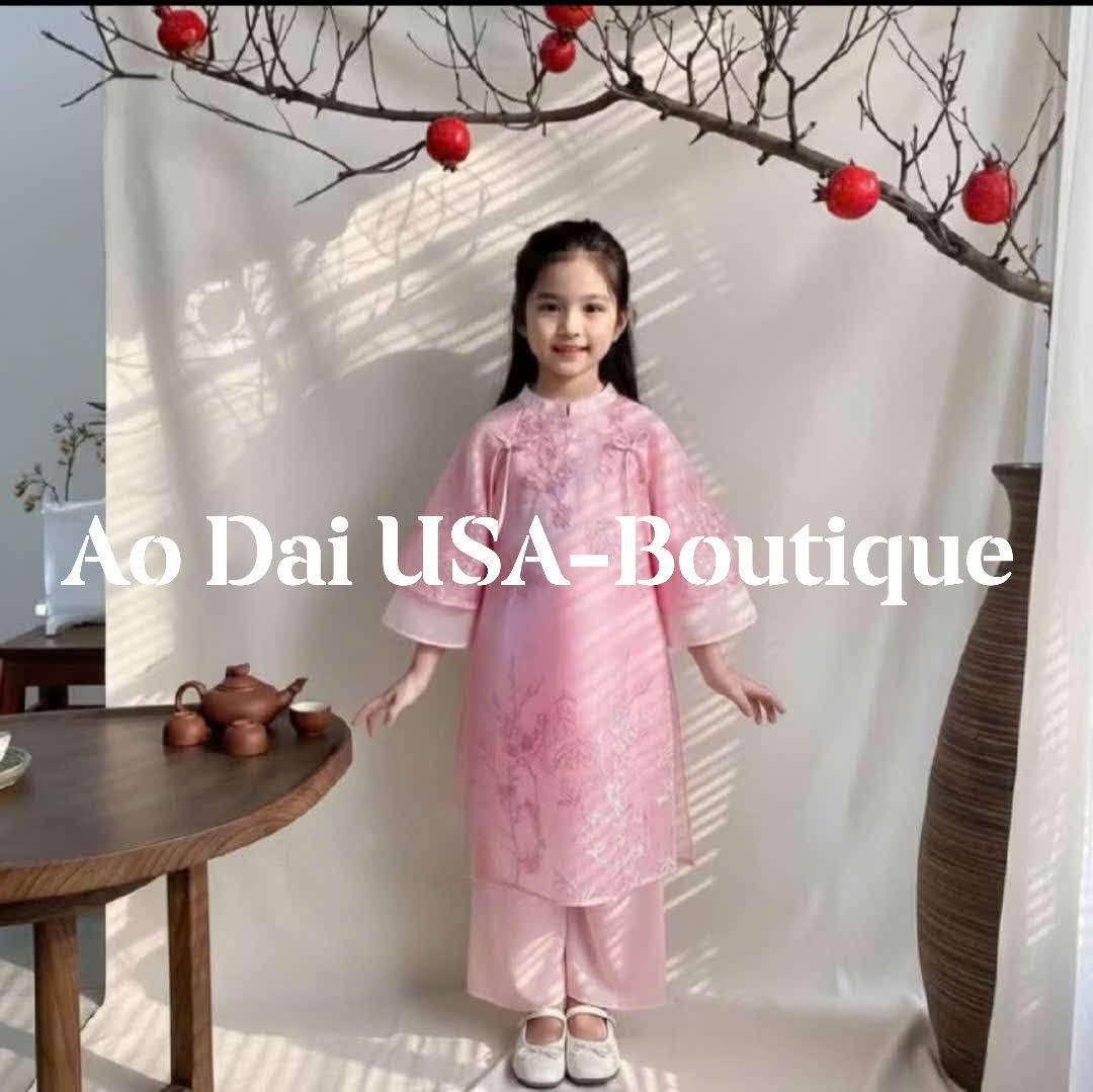 Girls Floral Ao Dai Set Pink Color, Vietnamese Lunar New Year Outfit B269