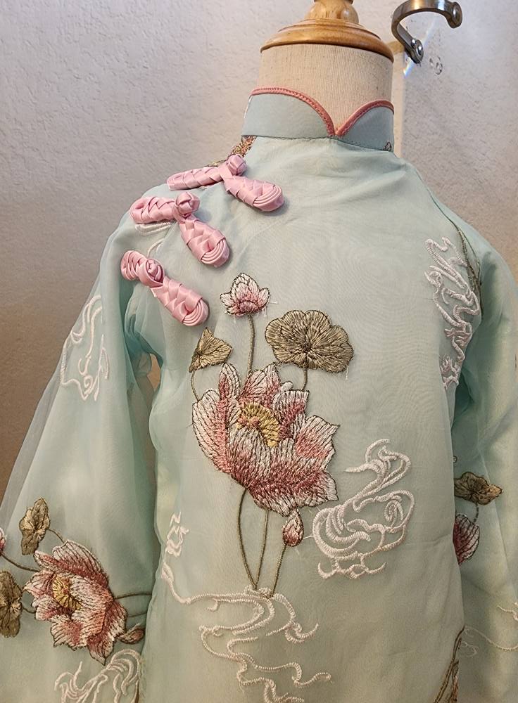 Daughter Blue Ao Dai Set, Floral Embroidery, Lunar New Year B87