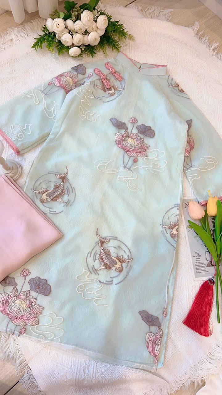 Daughter Blue Ao Dai Set, Floral Embroidery, Lunar New Year B87