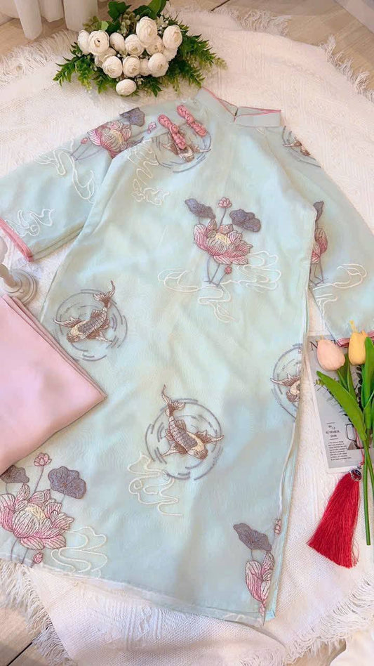 Daughter Blue Ao Dai Set, Floral Embroidery, Lunar New Year B87