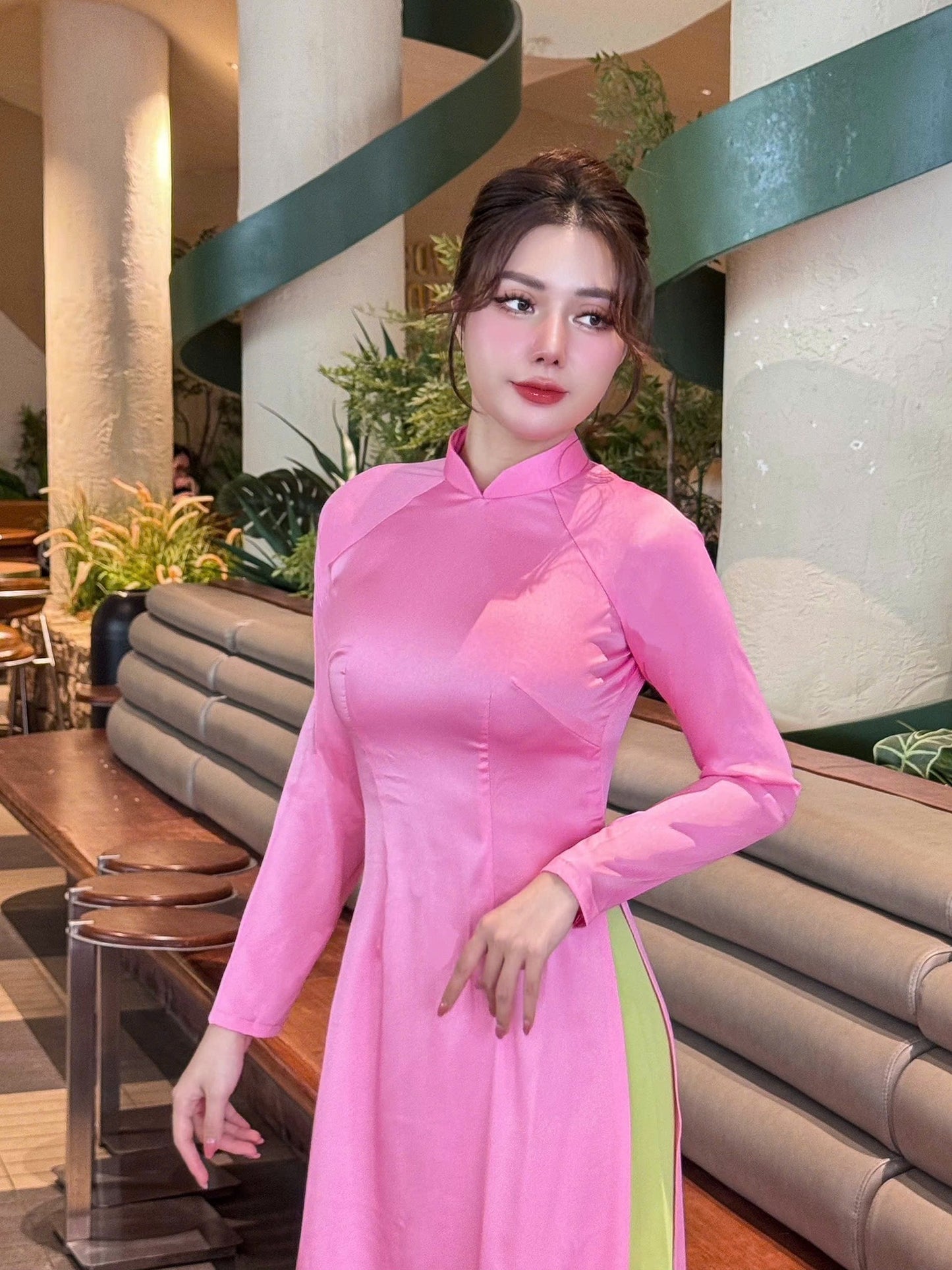 NHU MAI Set Ao Dai To Chau Plain Pink Color/ with Pants /B248