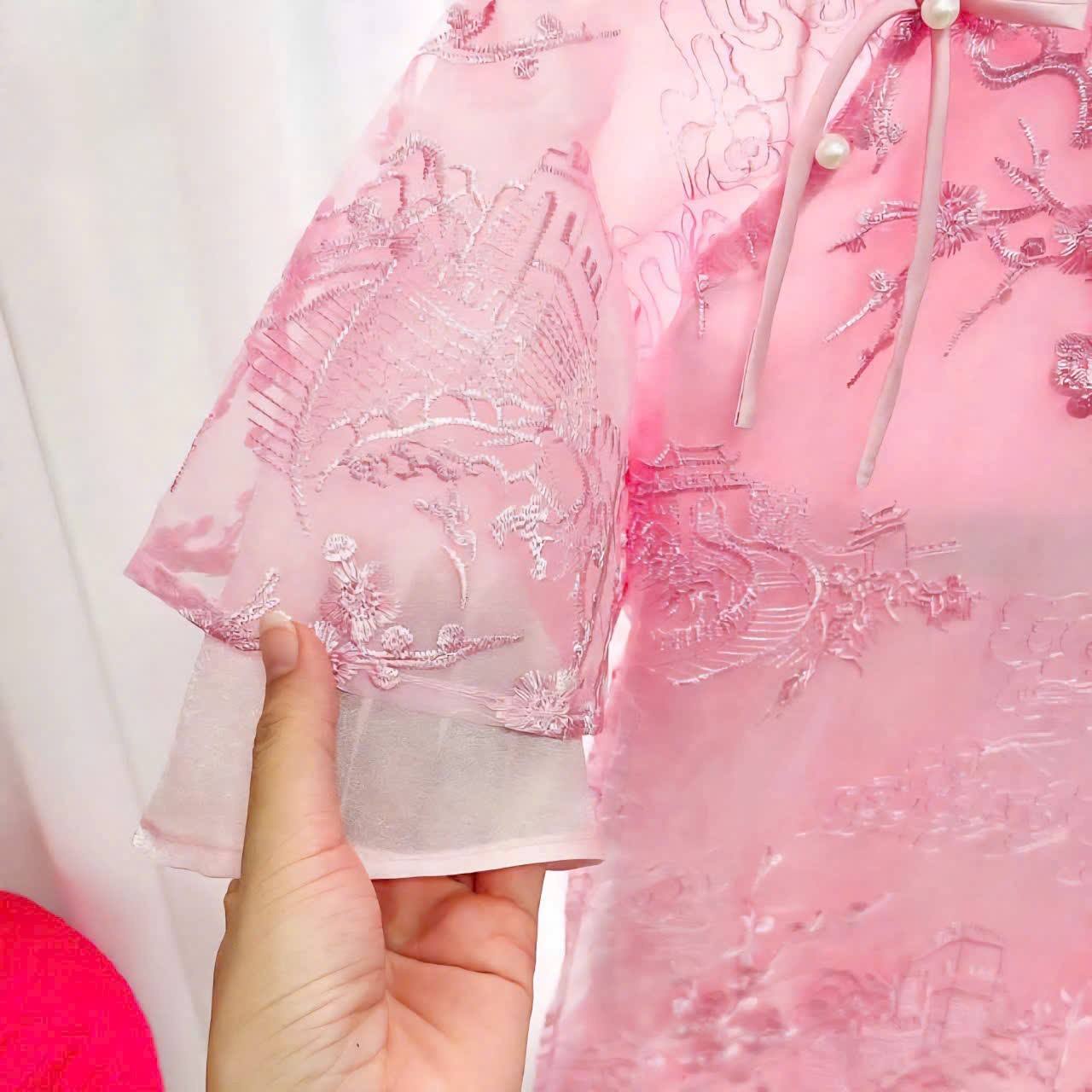 Girls Floral Ao Dai Set Pink Color, Vietnamese Lunar New Year Outfit B269