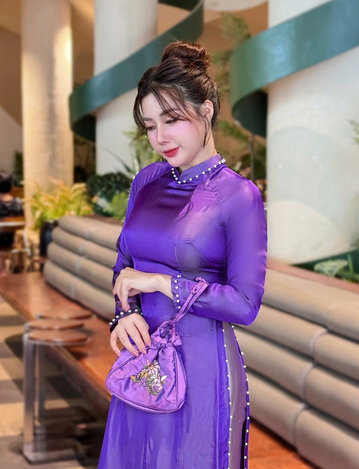 NHA KY Set Ao Dai Lụa Tơ tằm Nha Xá Hong Kông Light Purple / pants included/ TT227