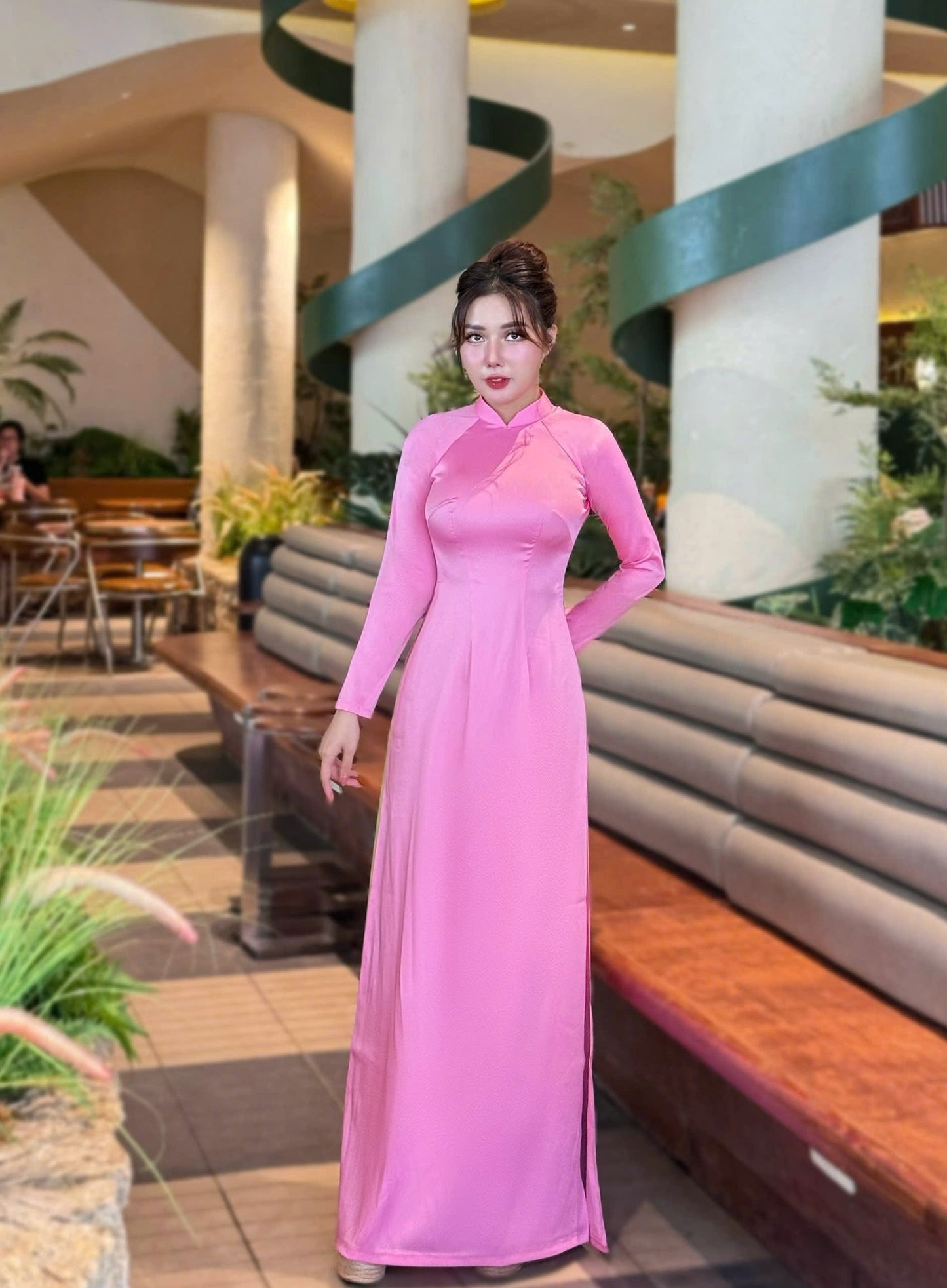 NHU MAI Set Ao Dai To Chau Plain Pink Color/ with Pants /B248