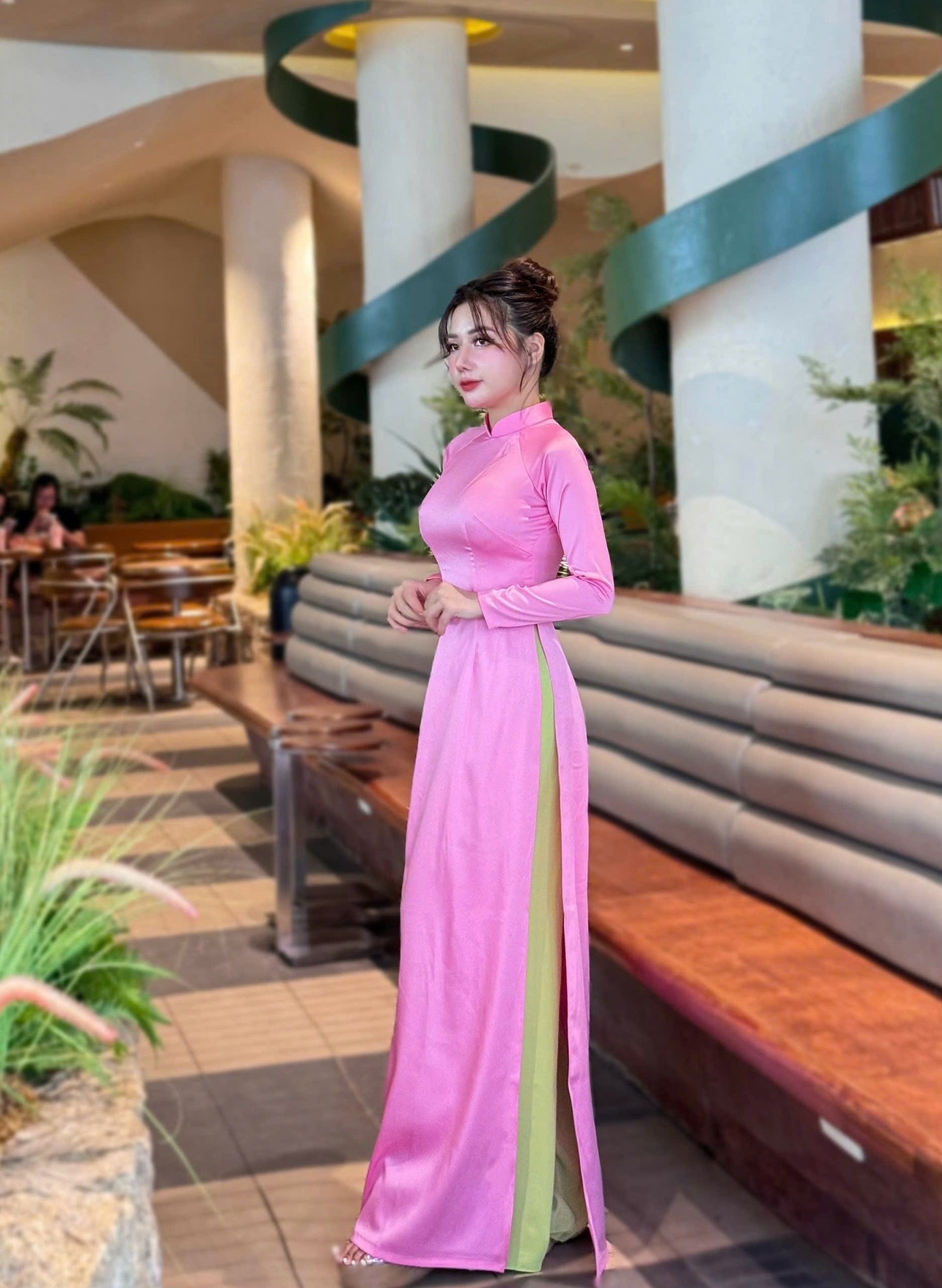 NHU MAI Set Ao Dai To Chau Plain Pink Color/ with Pants /B248