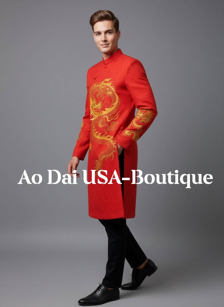 Red Ao Dai Nam with Dragon Embroidery: Vietnamese Groom Attire T198